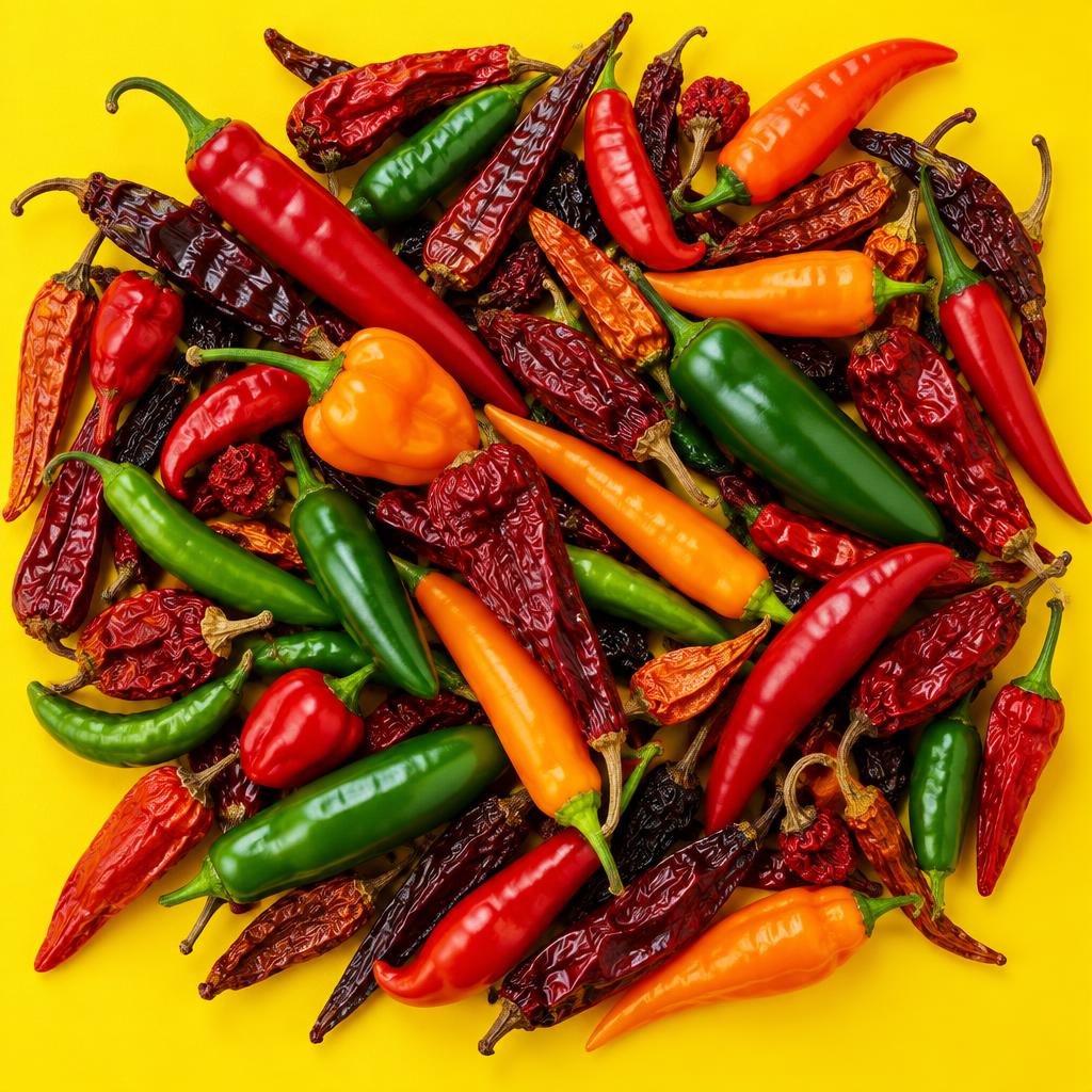 Pimentos frescos e secos sobre fundo amarelo