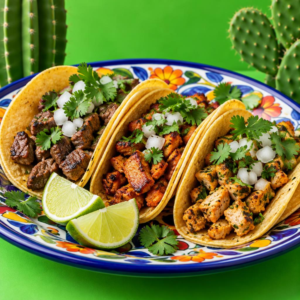 Tacos genéricos num prato de cerâmica colorido
